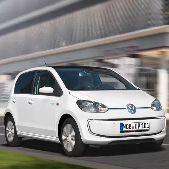 Eco friendly electric Volkswagen e-Up!, available for rental by Yalos Rent a Car.